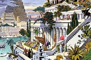 Jardins lendários na Babilônia, uma das 7 Maravilhas do Mundo Antigo, com terraços verdejantes e rio