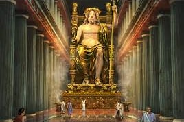 Estátua colossal de Zeus em Olímpia, uma das 7 Maravilhas do Mundo Antigo, feita de ouro e marfim.