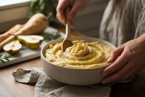 a person is holding a spoon and spoon in a bowl