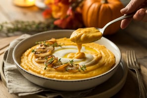 a person holding a spoon with a spoon full of soup