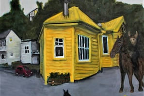 a painting of a dog and a cat on a street