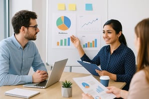Marketing strategist analyzing audience insights and business goals to build a data-driven plan for