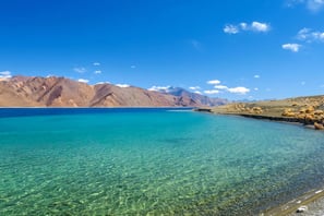 a beach with a mountain in the background