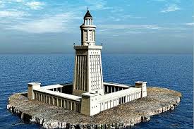 Ilustração do Farol de Alexandria, uma das 7 Maravilhas do Mundo Antigo, com 130m de altura