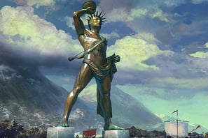 Estátua gigante do deus Hélios em Rodes, uma das 7 Maravilhas do Mundo Antigo, com 33m de altura.