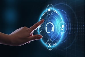 Hand interacting with digital interface representing proactive system support and user assistance