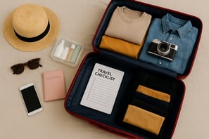 uma mala com um porta-passaporte e um chapéu