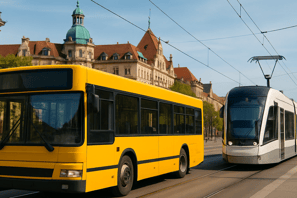 um ônibus amarelo e um ônibus branco em uma rua da cidade