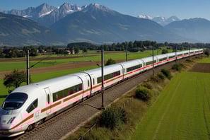 trem moderno numa paisagem europeia