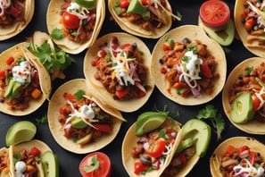 uma mesa com vários tacos e um prato de comida