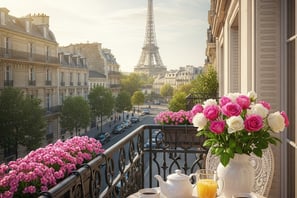 uma mesa com um vaso de flores e uma xícara de café na França