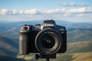 uma câmera fotográfica com uma paisagem de fundo