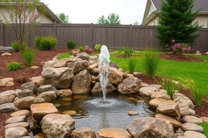 A pond with a fountain in a backyard