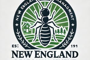 "A logo for New England Pest Management featuring a green and dark blue shield with an insect symbol and a house, representin