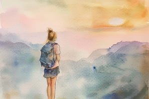 A serene watercolor painting of a girl on a cliff, gazing at the sunset over the horizon.
