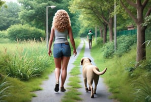 Hannah beim Spatziergang mit ihrem Hund Max