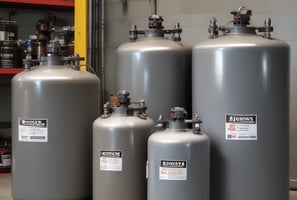 A white shelving unit displays an assortment of paint-related supplies. The top shelves hold various cans of paint with brands like Glasurit. Below are sections filled with paintbrushes, rollers, masking tape, and other painting tools, neatly organized.