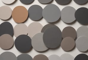 Several spray paint cans are arranged on a concrete surface in front of a colorful graffiti wall with abstract shapes in blue, pink, yellow, and white. The cans vary in design, with some featuring bold text and vibrant colors.