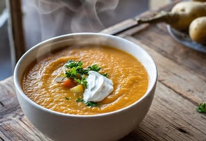 a bowl of soup with a dollop of sour cream