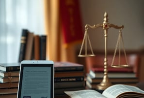 imagem de celular em uma mesa com livros e a balança da justiça