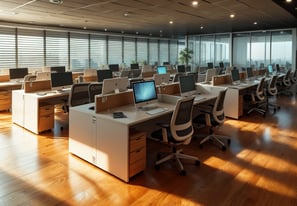Escritório corporativo com plataformas de trabalho e cadeiras giratórias