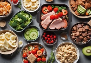 A selection of three colorful trays is filled with a variety of healthy snacks, including orange slices, nuts, seeds, and a measuring tape is artfully draped across them, suggesting themes of dieting or nutrition.