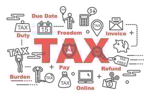 Tax documents and calculator arranged neatly on a table.