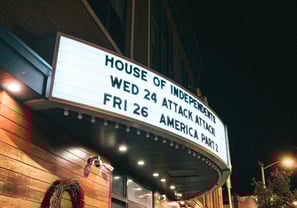 Signage of a cinema showing the films that are being shown