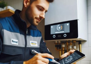 a man in a blue jacket is holding a tablet and writing on a clipboard