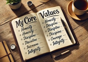 Notebook open to a handwritten list of core values on a wooden desk, with pen, coffee, and soft light symbolizing reflection.