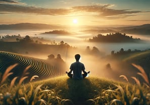 Person meditating on a hilltop at sunrise, overlooking a misty valley, symbolizing peace, mindfulness, and self-reflection.
