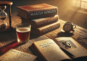 Old table with open philosophy books, handwritten notes, and soft lighting, symbolizing deep thought and pursuit of wisdom.