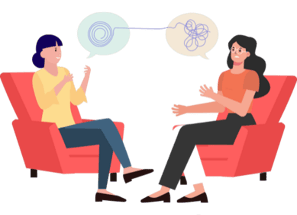 a woman sitting in a chair with a man talking to her