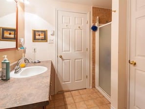 a bathroom with a shower and a sink