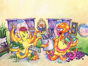 Illustrations from The Octopus's Holiday by New Orleans artist Melissa Vandiver.