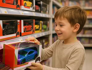 niño eligiendo un carro a control remoto en tienda