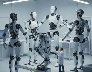a group of robots in a room with a robot