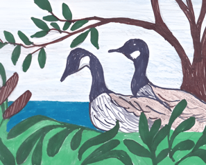 Riverhaven Books logo of geese and river