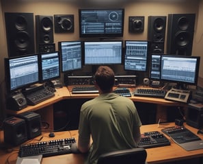 A person is sitting at a desk in front of a large computer monitor, working on music production software. The room is filled with audio equipment, including large speakers on either side of the monitor and various cables and electronic devices on the desk.