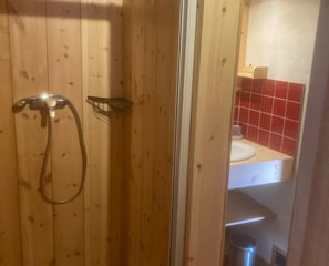 salle d'eau avec douche chaude et vasque