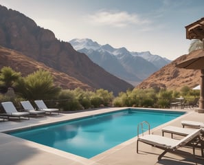 A serene courtyard of a hotel with a central swimming pool surrounded by lounge chairs. The architecture includes a combination of modern and classical design elements, with brick and stucco walls and red shutters. Lush green plants add a touch of nature to the urban setting.