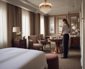 A cozy hotel room with a large unmade bed and stylish wooden furniture. There's a small sofa and a coffee table near a lamp. The room includes a work desk with a chair and a bottle of water on it. Two lamps on either side add warm lighting. Sheer curtains cover a set of sliding glass doors leading to a balcony with outdoor seating. The hardwood floor and elegant decor give the space a luxurious feel.