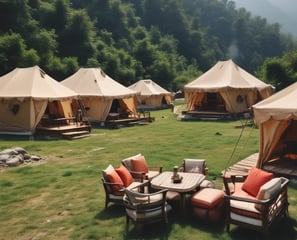 A rustic thatched-roof hut sits on the edge of a calm, reflective body of water. The surrounding dense rainforest is lush and verdant, with a variety of trees and plants. The scene exudes tranquility and isolation, blending harmoniously with nature.