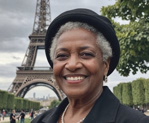 A beautiful older black woman in front of the Eiffel Tower