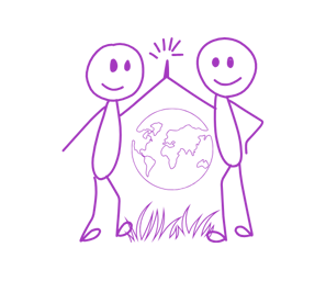 Two male stick figures giving each other high-fives with earth in the distance between them.