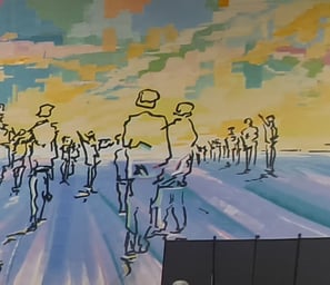 Mural of outlined people walking 