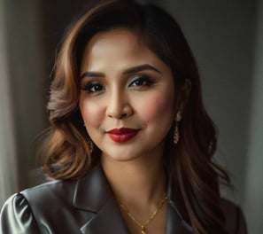 a woman in a suit and red lipstick