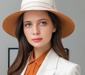 a woman in a white suit and hat