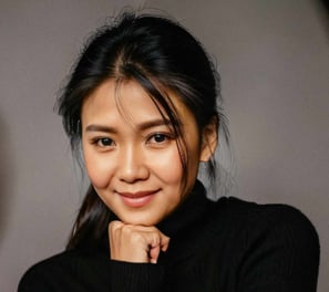 a woman in a black sweater and white pants
