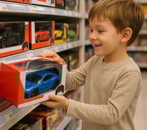 niño eligiendo un carro a control remoto en tienda